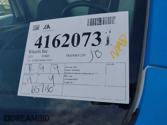 2021 Ford Transit Cargo with VIN 1FTBR1C88MKA52816, listed as a IAAI auction lot 41620731 with 60,716 mi miles and . Bid and sale history available at DreamBid. Image 17.