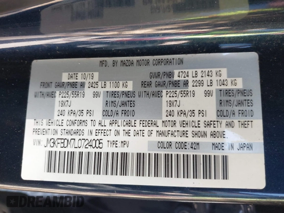 2020 Mazda CX-5 Grand Touring with VIN JM3KFBDM7L0724005, listed as a IAAI auction lot 42034658 with 90,631 mi miles. Bid and sale history available at carsss.com. Image 9.