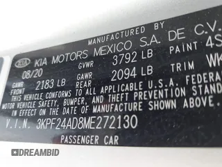 2021 Kia Forte LXS with VIN 3KPF24AD8ME272130, listed as a IAAI auction lot 42349710 with 88,080 mi miles and . Bid and sale history available at DreamBid. Image 9.