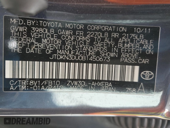 2011 Toyota Prius I with VIN JTDKN3DU0B1450673, listed as a Copart auction lot 55628305 with 152,244 mi miles and Salvage Title. Bid and sale history available at DreamBid. Image 13.