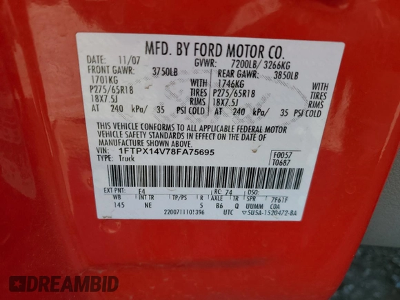 2008 Ford F-150 XLT with VIN 1FTPX14V78FA75695, listed as a Copart auction lot 50343975 with 95,768 mi miles and Salvage Title. Bid and sale history available at carsss.com. Image 12.