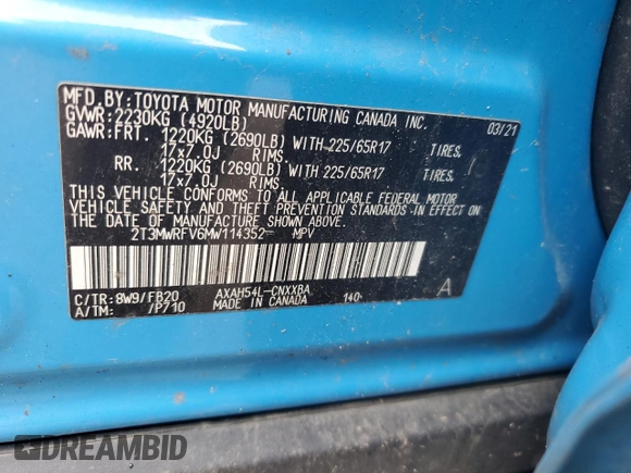 2021 Toyota RAV4 Hybrid LE with VIN 2T3MWRFV6MW114352, listed as a Copart auction lot 48451135 with 118,835 mi miles and Salvage Title. Bid and sale history available at carsss.com. Image 14.