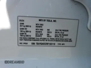 2024 Tesla Model Y Long Range with VIN 7SAYGAEE2RF103110, listed as a Copart auction lot 59422975 with 13,572 mi miles and Salvage title. Bid and sale history available at DreamBid. Image 14.