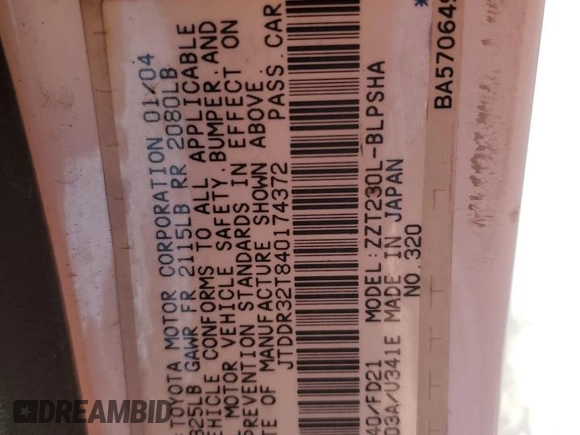 2004 Toyota Celica GT z VIN JTDDR32T840174372, wystawiony jako Copart lot #88220105 z przebiegiem 148 166 mil mil oraz Szkoda całkowita • Salvage title. Historia ofert i sprzedaży dostępna na DreamBid. Obrazek 12.