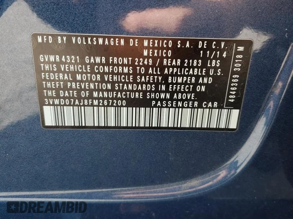 2015 Volkswagen Jetta Sedan 1.8T SE w/Connectivity with VIN 3VWD07AJ8FM267200, listed as a Copart auction lot 73553834 with 87,675 mi miles and Salvage Title. Bid and sale history available at carsss.com. Image 12.