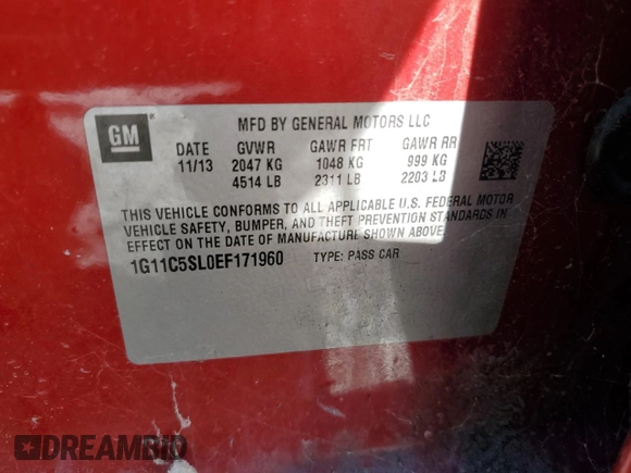 2014 Chevrolet Malibu LT with VIN 1G11C5SL0EF171960, listed as a Copart auction lot 50290465 with 99,828 mi miles and Clean Title. Bid and sale history available at DreamBid. Image 12.