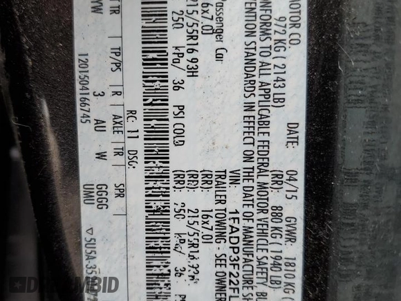 2015 Ford Focus SE with VIN 1FADP3F22FL285353, listed as a Copart auction lot 60443685 with 149,878 mi miles and Clean title. Bid and sale history available at DreamBid. Image 12.