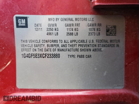 2012 Buick LaCrosse Premium 2 with VIN 1G4GF5E3XCF233880, listed as a Copart auction lot 59942475 with 145,502 mi miles and Salvage title. Bid and sale history available at DreamBid. Image 13.