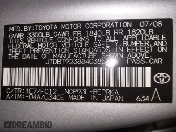 2008 Toyota Yaris z VIN JTDBT923884038527, wystawiony jako IAAI lot #42059011 z przebiegiem 232 431 mil mil oraz . Historia ofert i sprzedaży dostępna na DreamBid. Obrazek 9.