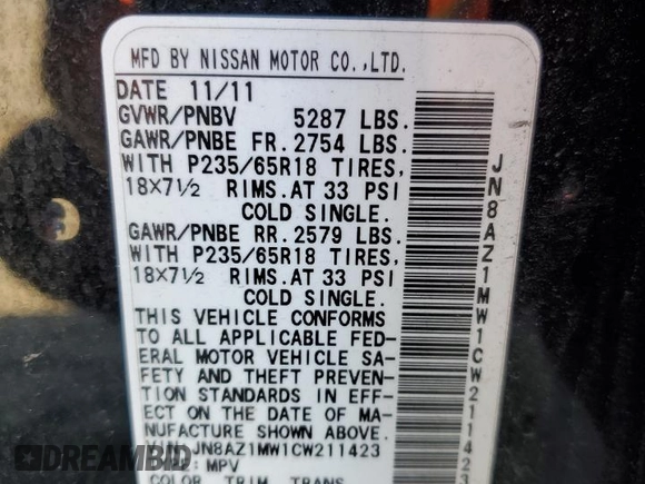 2012 Nissan Murano SL with VIN JN8AZ1MW1CW211423, listed as a Copart auction lot 71049294 with 155,659 mi miles and Clean Title. Bid and sale history available at carsss.com. Image 13.