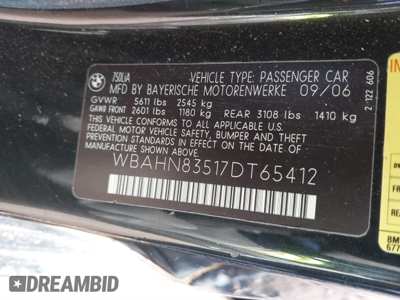 2007 BMW 7 Series 750Li with VIN WBAHN83517DT65412, listed as a IAAI auction lot 41400220 with 99,965 mi miles. Bid and sale history available at carsss.com. Image 9.