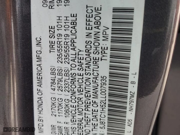 2020 Acura RDX w/Technology Pkg with VIN 5J8TC1H52LL007935, listed as a Copart auction lot 87445014 with 62,447 mi miles and Salvage Title. Bid and sale history available at carsss.com. Image 13.