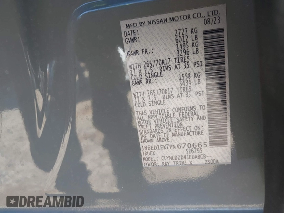 2023 Nissan Frontier Pro-4X with VIN 1N6ED1EK7PN670665, listed as a IAAI auction lot 41785130 with 21,561 mi miles and . Bid and sale history available at DreamBid. Image 9.