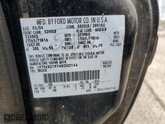 2004 Ford F-250 XL with VIN 1FTNX21P74ED02144, listed as a Copart auction lot 63755135 with Not provided miles and Clean title. Bid and sale history available at DreamBid. Image 12.