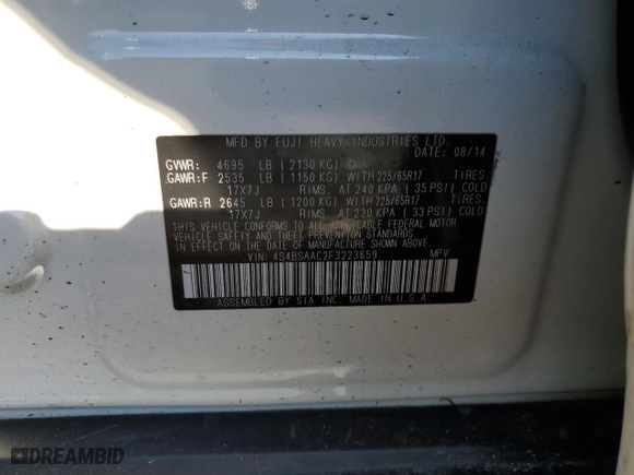 2015 Subaru Outback 2.5i with VIN 4S4BSAAC2F3223659, listed as a Copart auction lot 42594565 with 55,009 mi miles and Salvage Title. Bid and sale history available at carsss.com. Image 15.