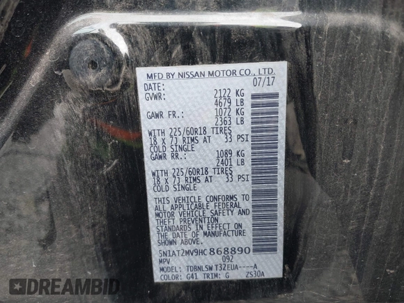 2017 Nissan Rogue SL with VIN 5N1AT2MV9HC868890, listed as a IAAI auction lot 41924174 with 91,037 mi miles. Bid and sale history available at carsss.com. Image 9.
