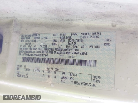 2008 Ford Econoline Cargo Commercial with VIN 1FTNE24L28DB01794, listed as a IAAI auction lot 41663920 with Not Provided miles and . Bid and sale history available at DreamBid. Image 9.