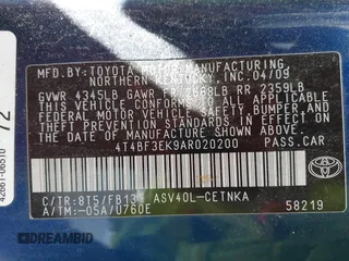 2010 Toyota Camry with VIN 4T4BF3EK9AR020200, listed as a IAAI auction lot 42160372 with 189,291 mi miles and . Bid and sale history available at DreamBid. Image 9.