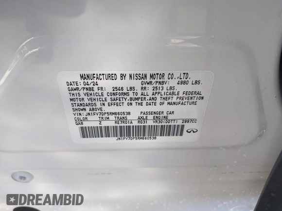 2024 Infiniti Q50 Red Sport 400 с VIN JN1FV7DP5RM660538, выставлен на аукционе IAAI как лот 41823631 с пробегом 3 982 миль миль и . История ставок и продаж доступна на DreamBid. Изображение 9.