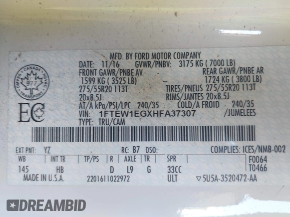 2017 Ford F-150 XL with VIN 1FTEW1EGXHFA37307, listed as a IAAI auction lot 42709550 with 89,499 mi miles and . Bid and sale history available at DreamBid. Image 9.