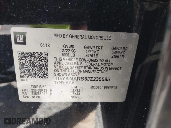 2018 Cadillac XT5 FWD with VIN 1GYKNARS5JZ235585, listed as a IAAI auction lot 41607440 with 77,220 mi miles and . Bid and sale history available at DreamBid. Image 9.