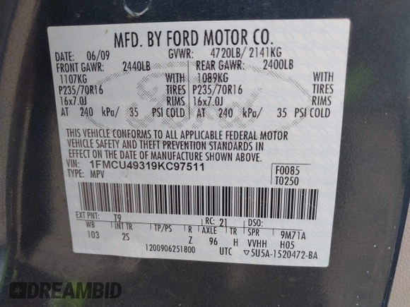 2009 Ford Escape Hybrid with VIN 1FMCU49319KC97511, listed as a IAAI auction lot 42735047 with 255,260 mi miles and . Bid and sale history available at DreamBid. Image 9.