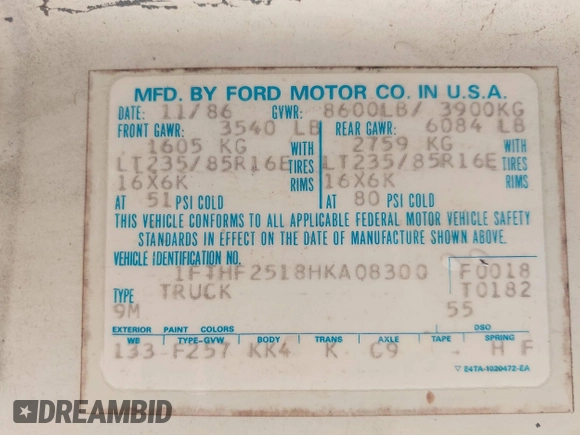 1987 Ford F-250 with VIN 1FTHF2518HKA08300, listed as a IAAI auction lot 41984273 with 37,267 mi miles and . Bid and sale history available at DreamBid. Image 9.