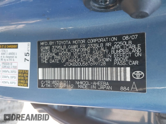 2008 Toyota Prius with VIN JTDKB20U587699128, listed as a IAAI auction lot 41924916 with 227,116 mi miles and . Bid and sale history available at DreamBid. Image 9.