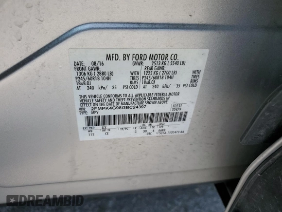 2016 Ford Edge SE with VIN 2FMPK4G98GBC24397, listed as a Copart auction lot 57903555 with 79,153 mi miles and Salvage title. Bid and sale history available at DreamBid. Image 13.