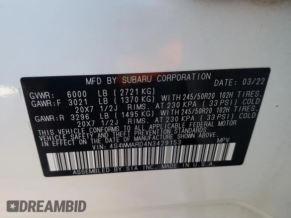 2022 Subaru Ascent Touring with VIN 4S4WMARD4N3429153, listed as a Copart auction lot 49259995 with 65,269 mi miles and Salvage Title. Bid and sale history available at DreamBid. Image 15.