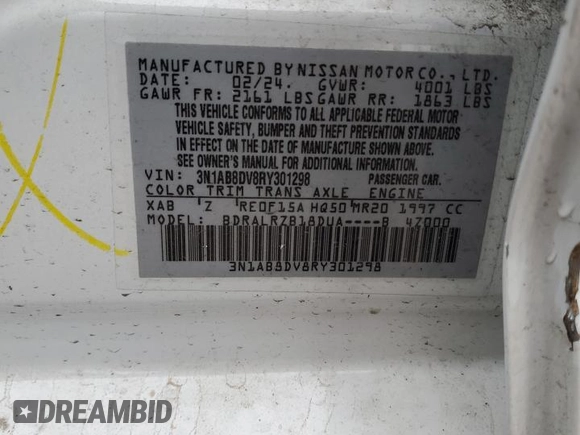 2024 Nissan Sentra SR with VIN 3N1AB8DV8RY301298, listed as a Copart auction lot 51853825 with Not provided miles and Salvage title. Bid and sale history available at DreamBid. Image 12.