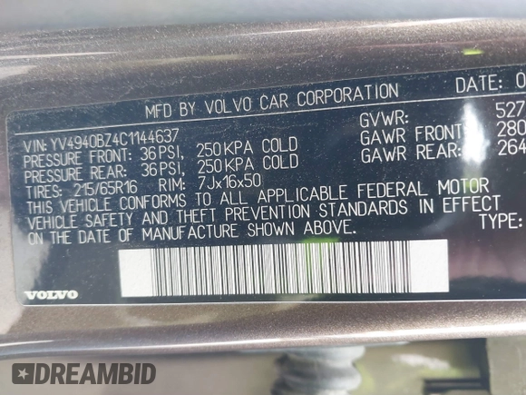 2012 Volvo XC70 3.2L with VIN YV4940BZ4C1144637, listed as a IAAI auction lot 40709833 with 150,249 mi miles and . Bid and sale history available at DreamBid. Image 9.