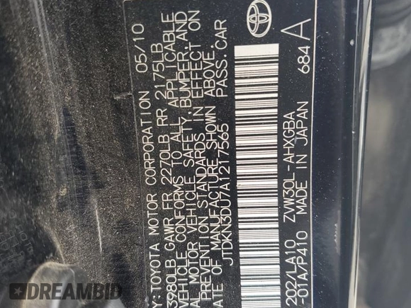 2010 Toyota Prius II with VIN JTDKN3DU7A1217565, listed as a Copart auction lot 56605395 with 185,838 mi miles and Clean Title. Bid and sale history available at DreamBid. Image 12.