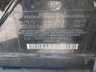 2012 Hyundai Sonata 2.4L Limited PZEV with VIN 5NPEC4AC4CH456183, listed as a IAAI auction lot 42014706 with 128,484 mi miles. Bid and sale history available at carsss.com. Image 9.
