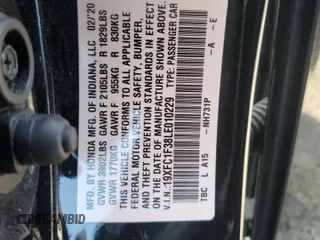 2020 Honda Civic Sedan EX with VIN 19XFC1F38LE010229, listed as a Copart auction lot 52002275 with 62,773 mi miles and Salvage Title. Bid and sale history available at carsss.com. Image 13.