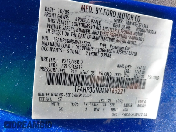 2010 Ford Focus SES with VIN 1FAHP3GN8AW165221, listed as a IAAI auction lot 41864224 with 148,785 mi miles. Bid and sale history available at carsss.com. Image 9.