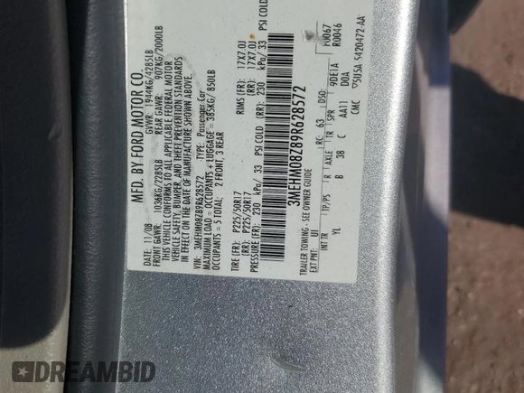 2009 Mercury Milan Premier z VIN 3MEHM08Z89R628572, wystawiony jako Copart lot #46223075 z przebiegiem 113 253 mil mil oraz Szkoda całkowita • Salvage title. Historia ofert i sprzedaży dostępna na DreamBid. Obrazek 13.