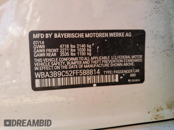 2015 BMW 3 Series 335i xDrive with VIN WBA3B9C52FF588814, listed as a Copart auction lot 48379495 with 73,302 mi miles and Salvage title. Bid and sale history available at DreamBid. Image 15.