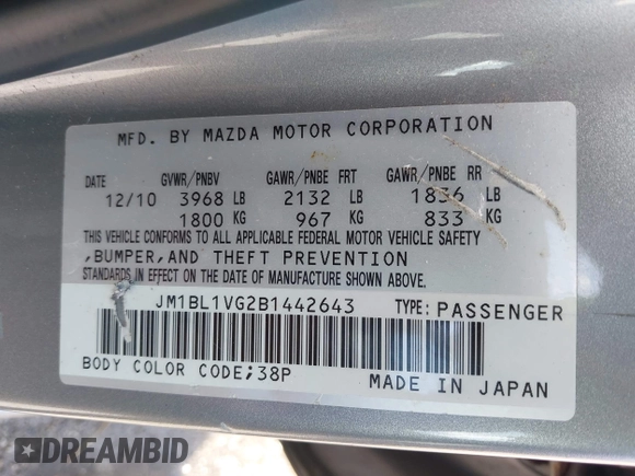 2011 Mazda 3 i Touring z VIN JM1BL1VG2B1442643, wystawiony jako IAAI lot #42145394 z przebiegiem 145 550 mil mil oraz . Historia ofert i sprzedaży dostępna na DreamBid. Obrazek 9.
