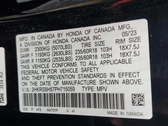 2023 Honda CR-V Hybrid Sport with VIN 2HKRS5H57PH715059, listed as a Copart auction lot 73953904 with 0 mi miles and Non Repairable. Bid and sale history available at carsss.com. Image 14.