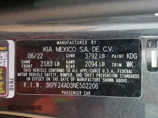 2022 Kia Forte LXS with VIN 3KPF24AD3NE502206, listed as a Copart auction lot 48490235 with 60,307 mi miles and Salvage Title. Bid and sale history available at DreamBid. Image 14.