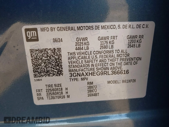 2024 Chevrolet Equinox LS with VIN 3GNAXHEG9RL366616, listed as a IAAI auction lot 42214696 with 8,132 mi miles and . Bid and sale history available at DreamBid. Image 9.