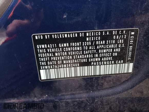2013 Volkswagen Jetta SE with VIN 3VWDX7AJ4DM362409, listed as a Copart auction lot 43347145 with 85,335 mi miles and Salvage title. Bid and sale history available at DreamBid. Image 12.