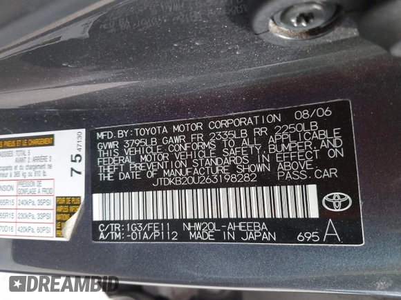 2006 Toyota Prius with VIN JTDKB20U263198282, listed as a IAAI auction lot 42019145 with 96,933 mi miles. Bid and sale history available at carsss.com. Image 9.
