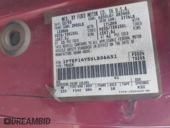 1995 Ford F-150 with VIN 1FTEF14Y5SLB06651, listed as a IAAI auction lot 42164540 with 164,055 mi miles and . Bid and sale history available at DreamBid. Image 9.