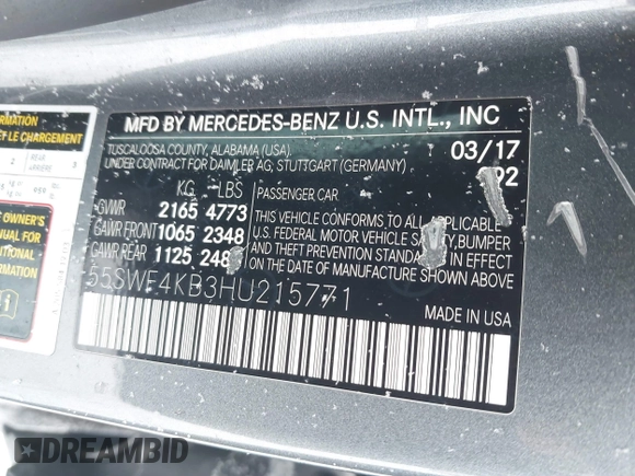 2017 Mercedes-Benz C 300 with VIN 55SWF4KB3HU215771, listed as a IAAI auction lot 41229717 with 66,676 mi miles and . Bid and sale history available at DreamBid. Image 9.