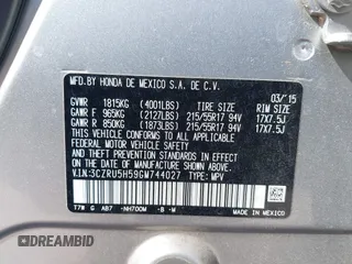 2016 Honda HR-V EX with VIN 3CZRU5H59GM744027, listed as a IAAI auction lot 41861057 with 60,454 mi miles. Bid and sale history available at carsss.com. Image 9.
