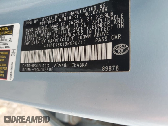 2009 Toyota Camry with VIN 4T4BE46K49R090741, listed as a Copart auction lot 51535785 with 166,589 mi miles and Clean Title. Bid and sale history available at carsss.com. Image 12.