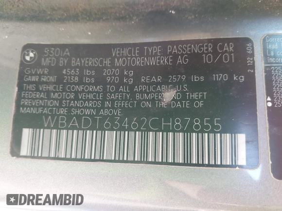 2002 BMW 5 Series 530i with VIN WBADT63462CH87855, listed as a IAAI auction lot 41988011 with Not Provided miles and . Bid and sale history available at DreamBid. Image 9.