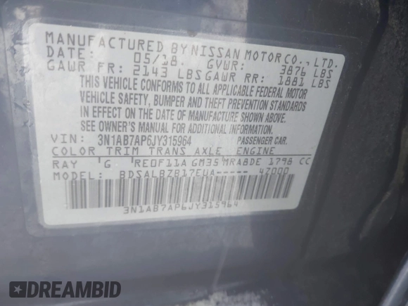 2018 Nissan Sentra S with VIN 3N1AB7AP6JY315964, listed as a IAAI auction lot 41090712 with 126,440 mi miles and . Bid and sale history available at DreamBid. Image 9.